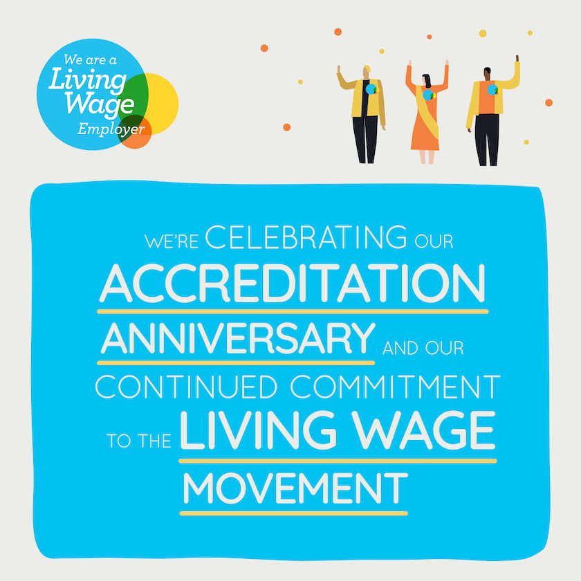 A blue box with text reading we are a living wage employer celebrating our anniversary with cartoon people celebrating