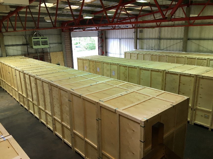 Rows of storage containers in a warehouse