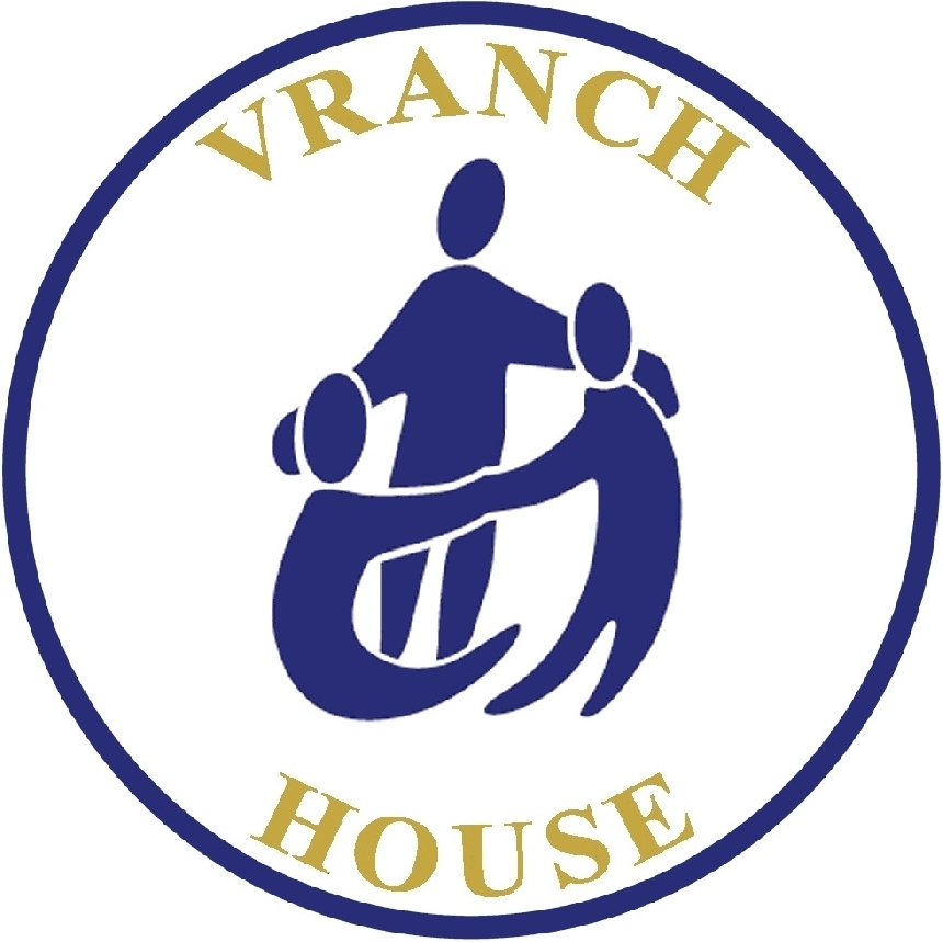 a logo saying Vranch House in gold and showing three abstract people holding hands in blue
